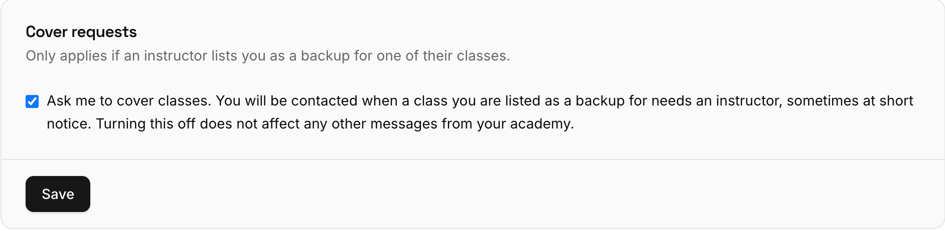 The Cover requests card in Account, Profile, with a checkbox reading Ask me to cover classes.