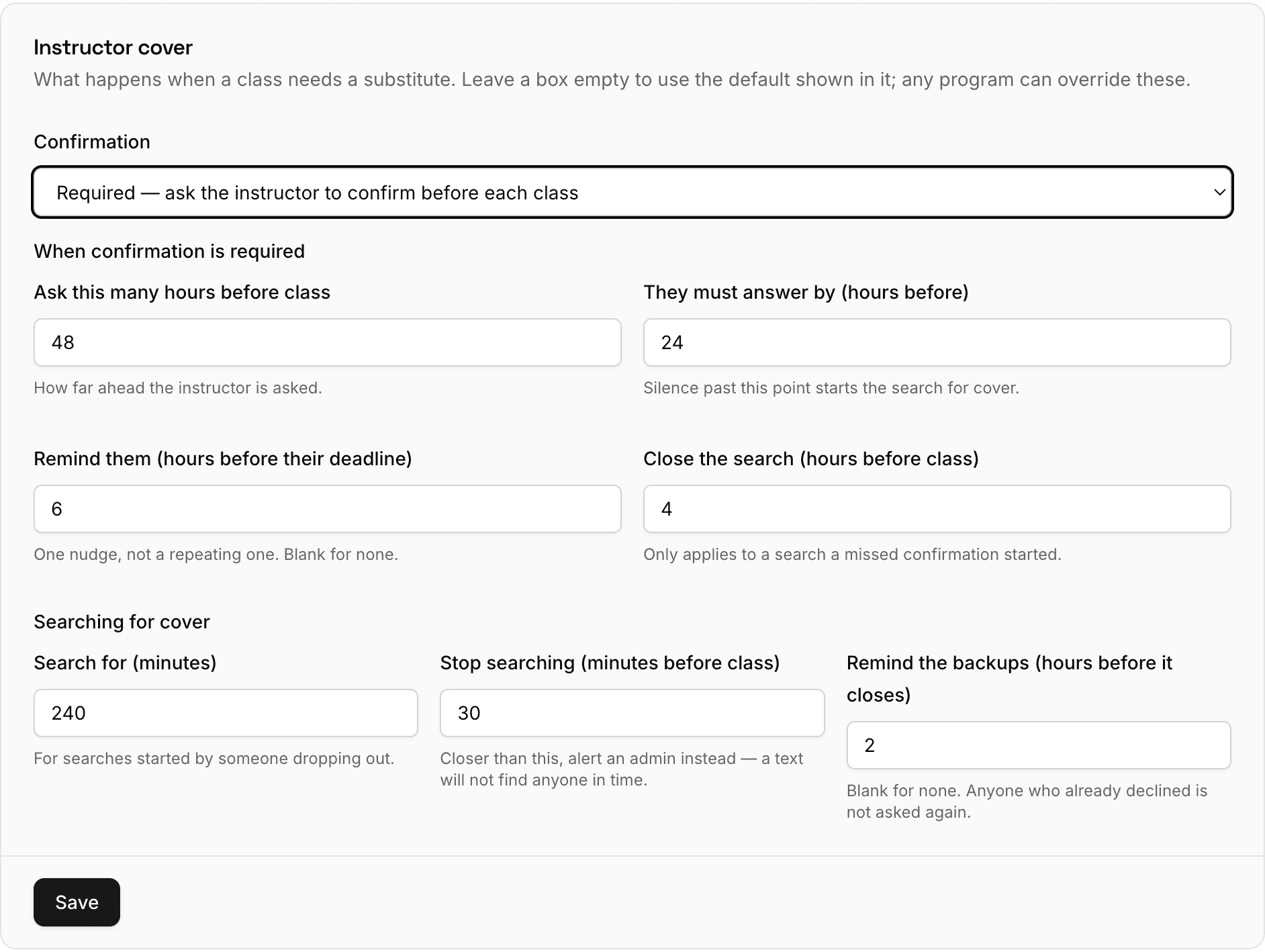 The Instructor cover card in General Settings, with a Confirmation dropdown set to Required and the timing fields split into two labelled groups: when confirmation is required, and searching for cover.
