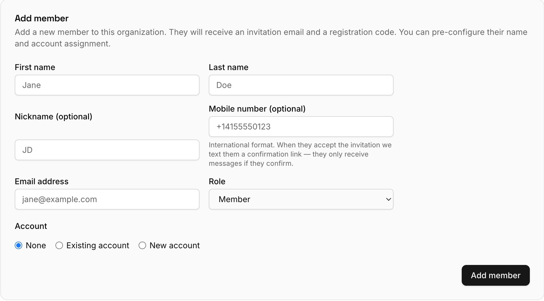 The Add member form with first name, last name, nickname, an optional mobile number field, email address, role, and account options.