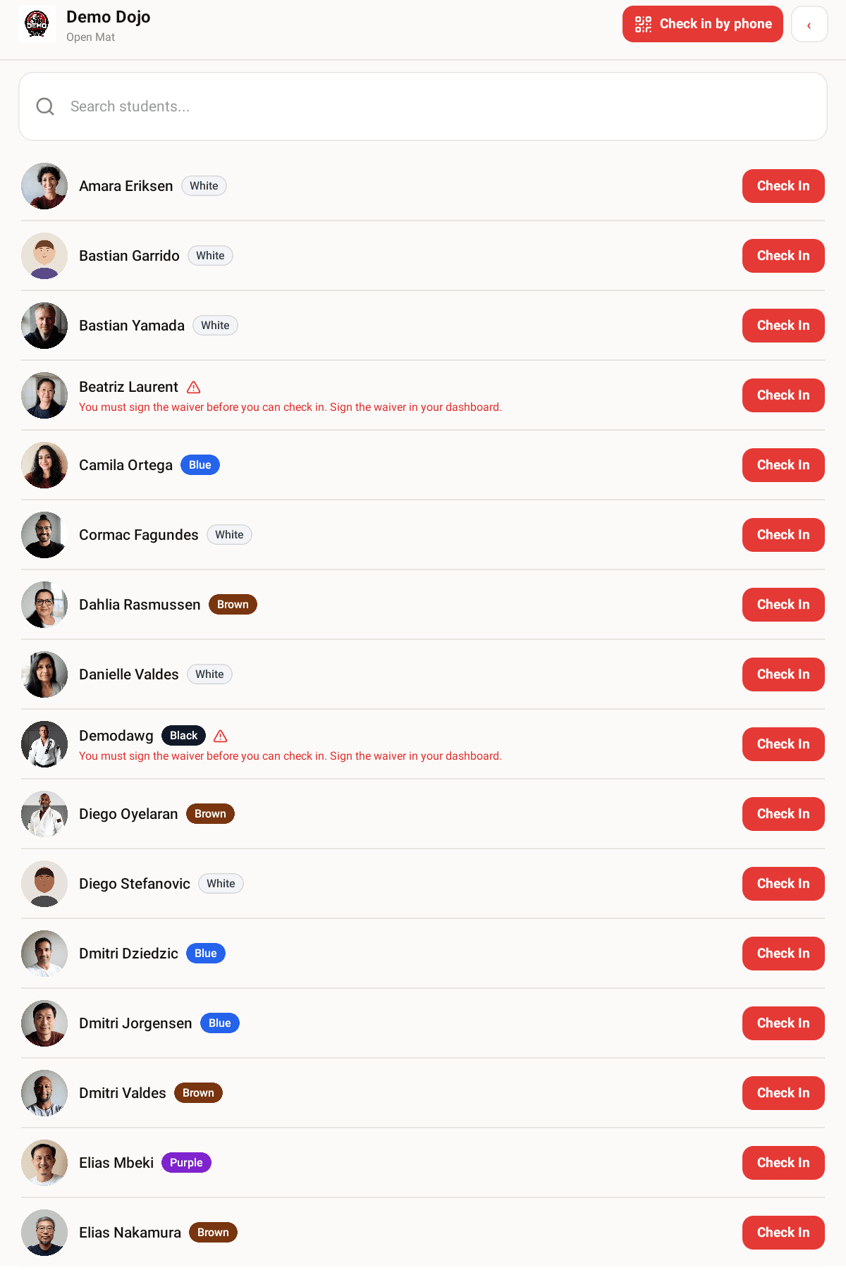 The kiosk app on a tablet showing a searchable class roster, each student with a belt badge and a Check In button, and two students carrying a red warning that they must sign the waiver first.
