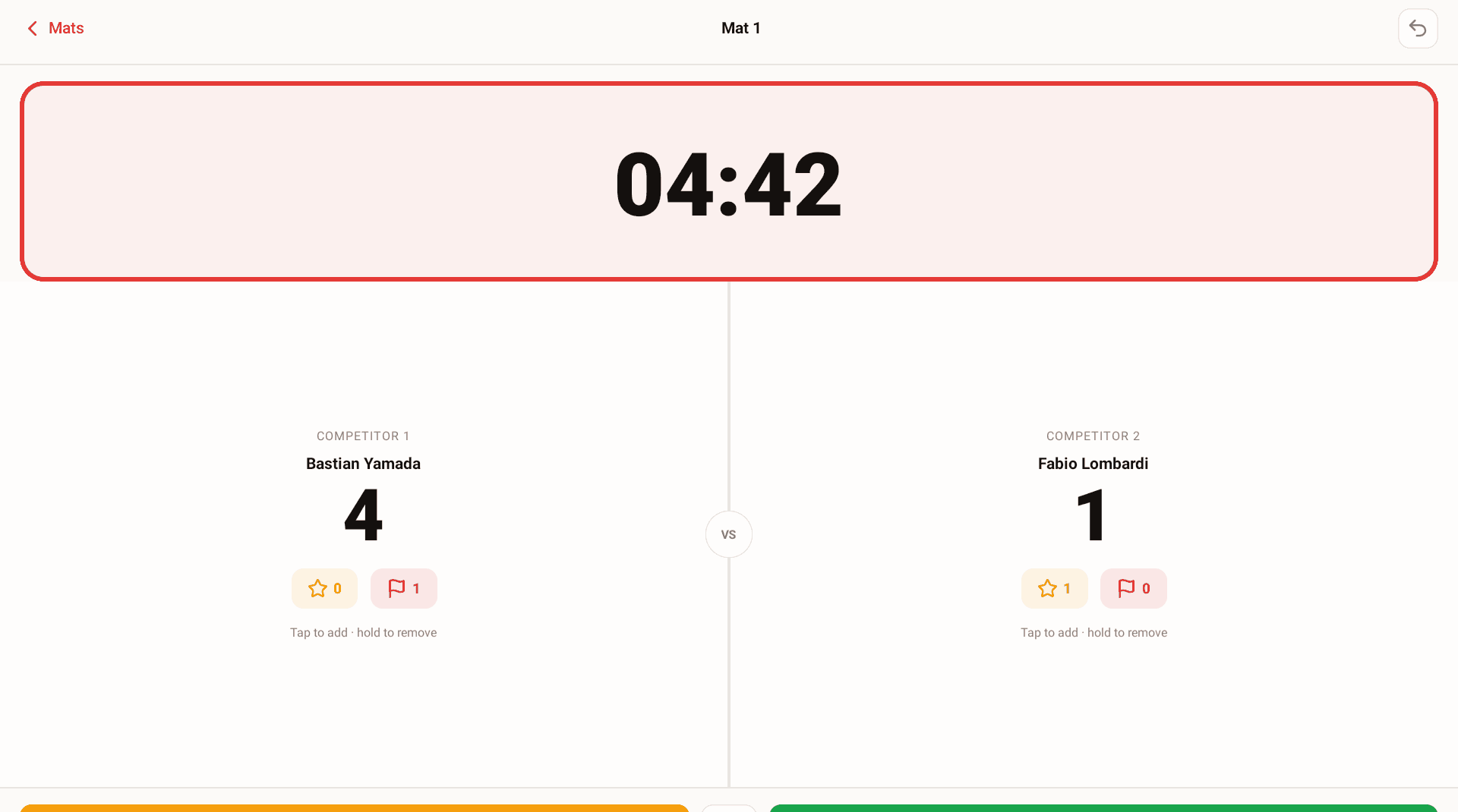 The kiosk scorekeeper on Mat 1, showing a running clock and two competitors with their points, advantages, and penalties.