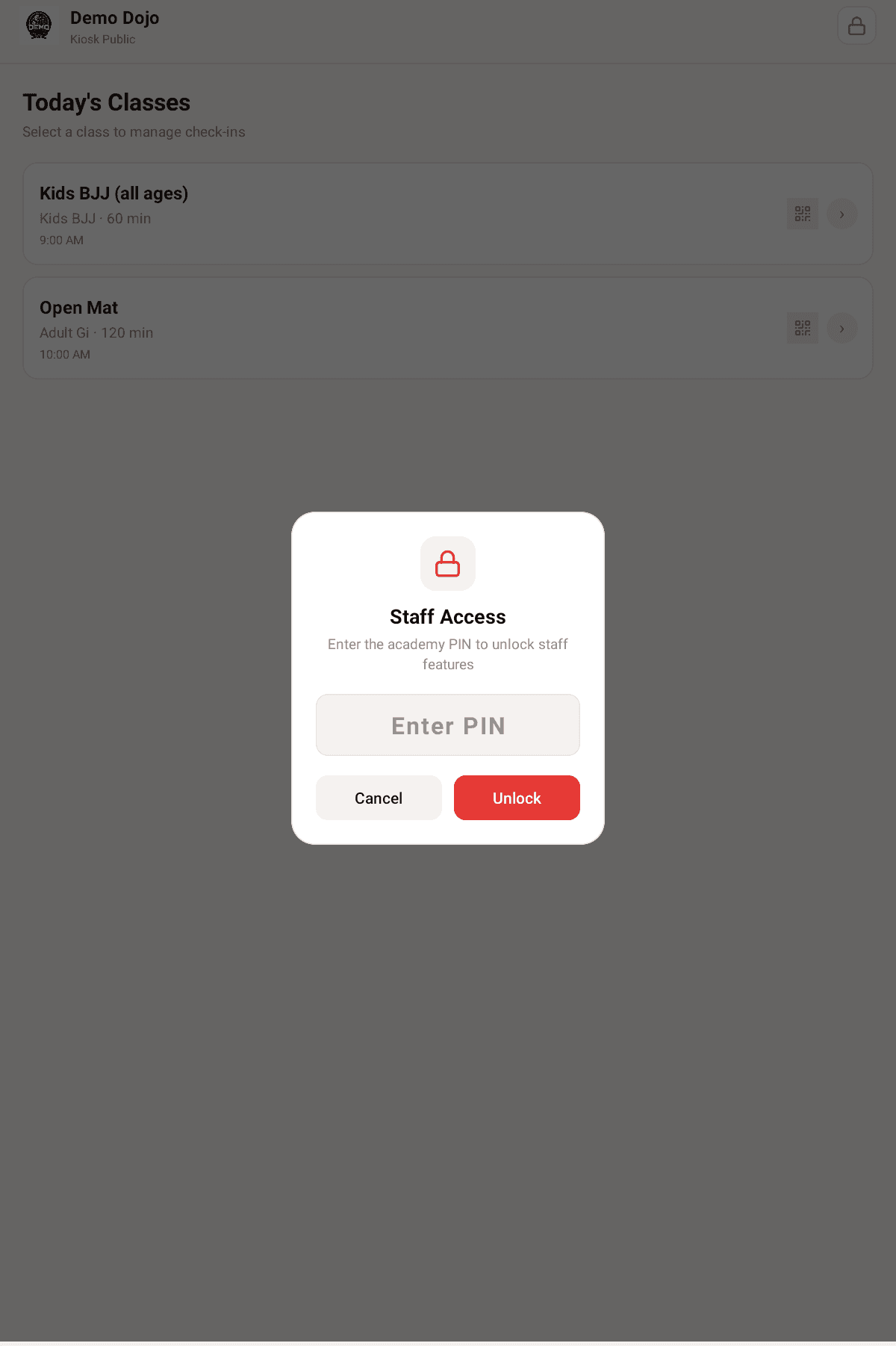 The kiosk showing Today's Classes behind a Staff Access dialog asking for the academy PIN to unlock staff features.
