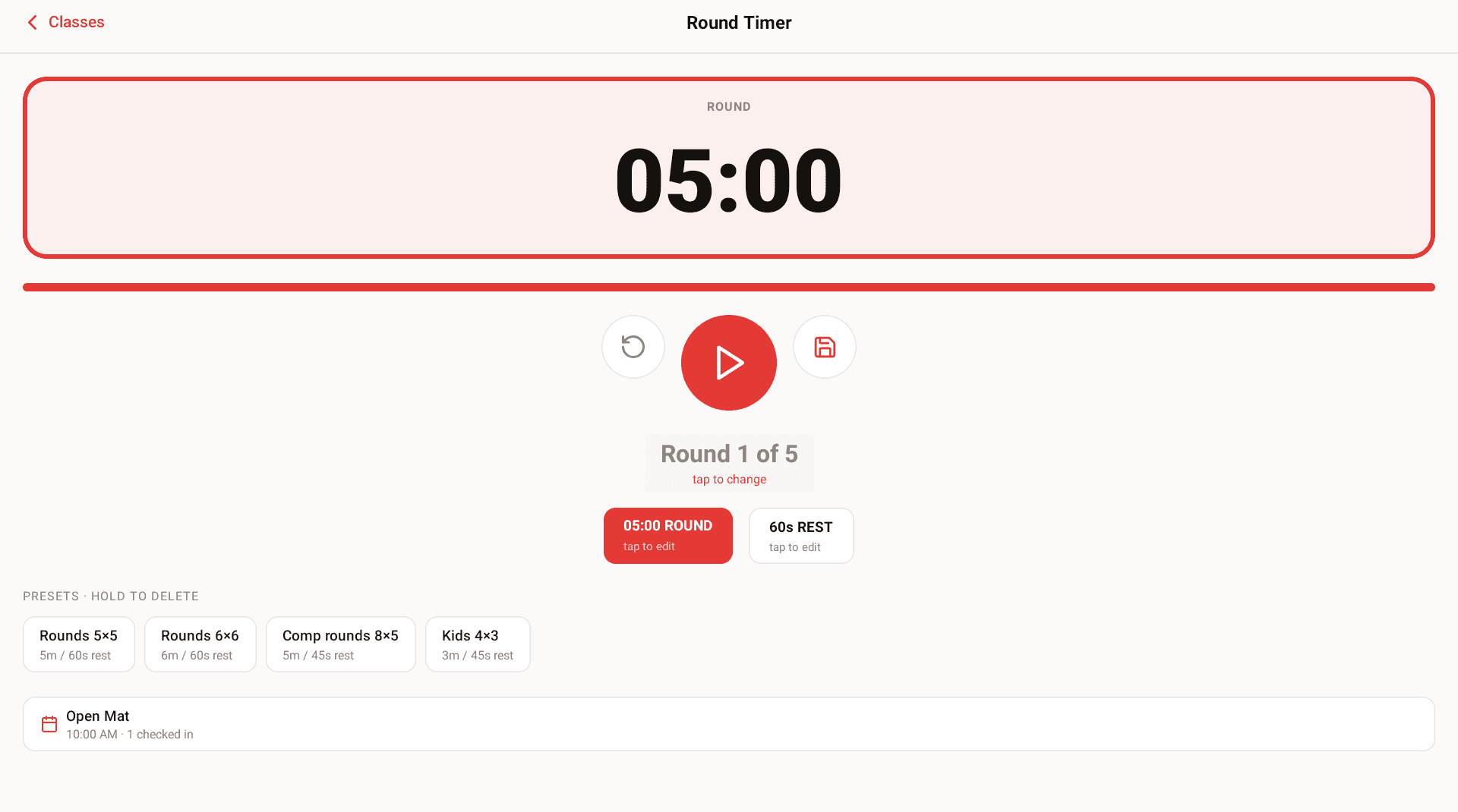 The kiosk Round Timer showing five minutes remaining, Round 1 of 5, editable round and rest chips, saved presets, and the class the timer is attached to.