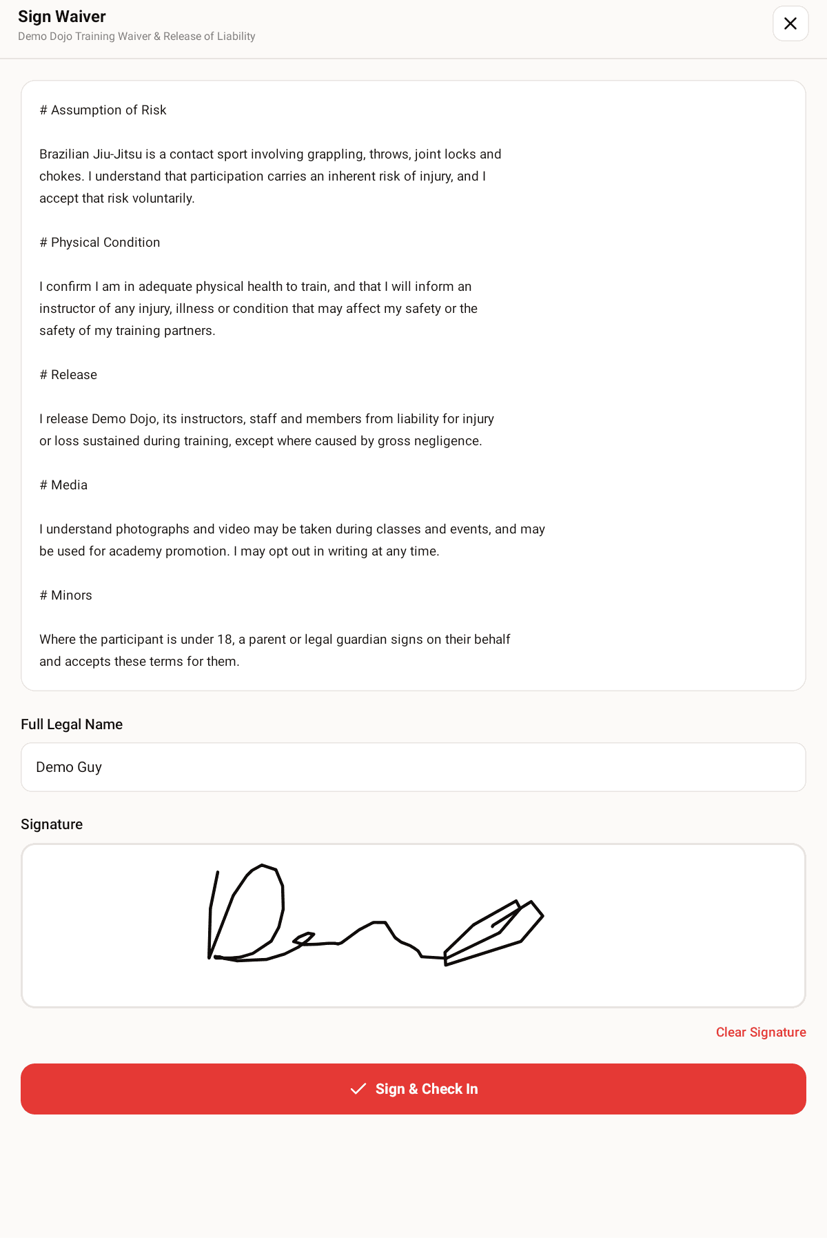 The kiosk waiver screen showing the academy's waiver text, a Full Legal Name field, a signature drawn with a finger, and a Sign and Check In button.