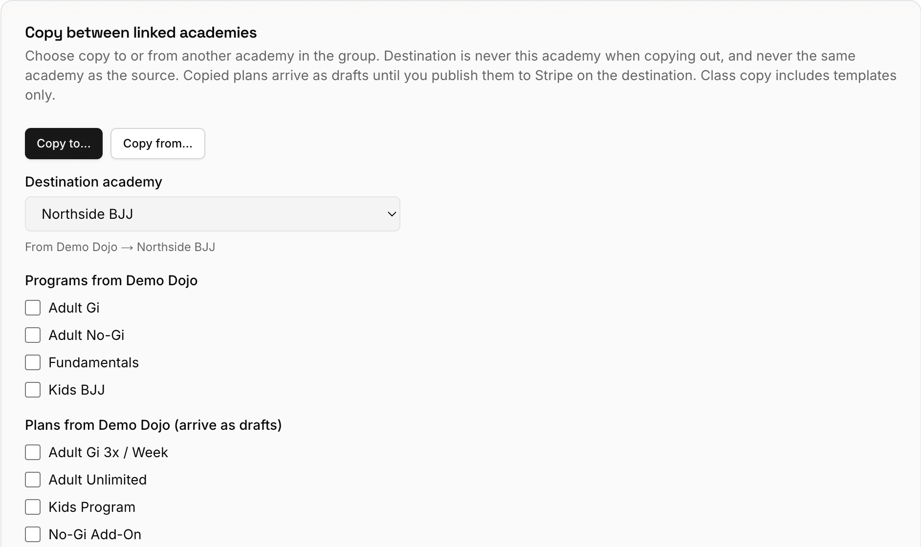The Copy tab under Linked academies, showing Copy to and Copy from buttons, a destination academy selector reading Northside BJJ, and checkbox lists of programs, plans, and class templates.