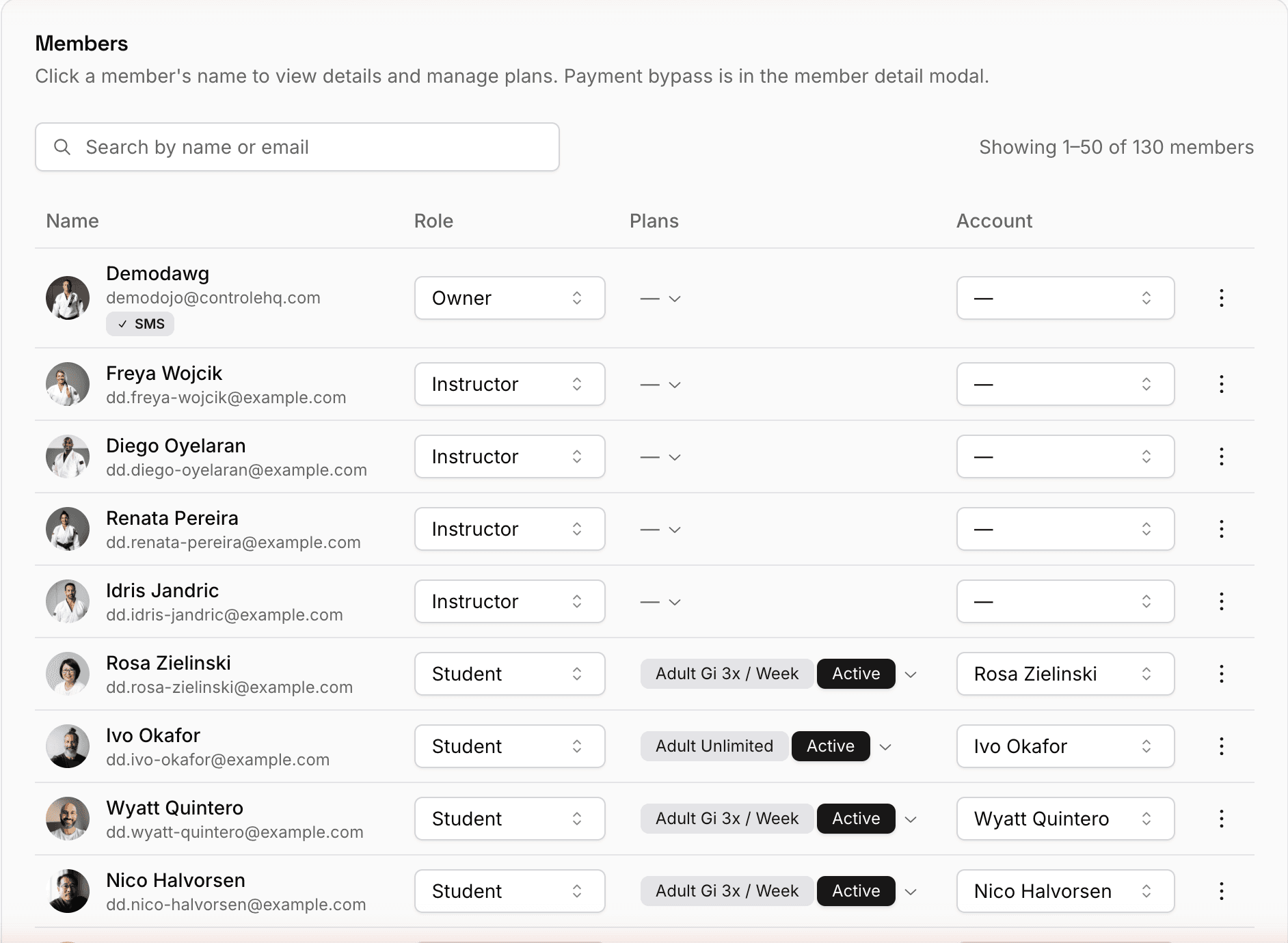 The Members list showing member names, email addresses, an SMS badge under one name, role selectors, plans, and accounts.