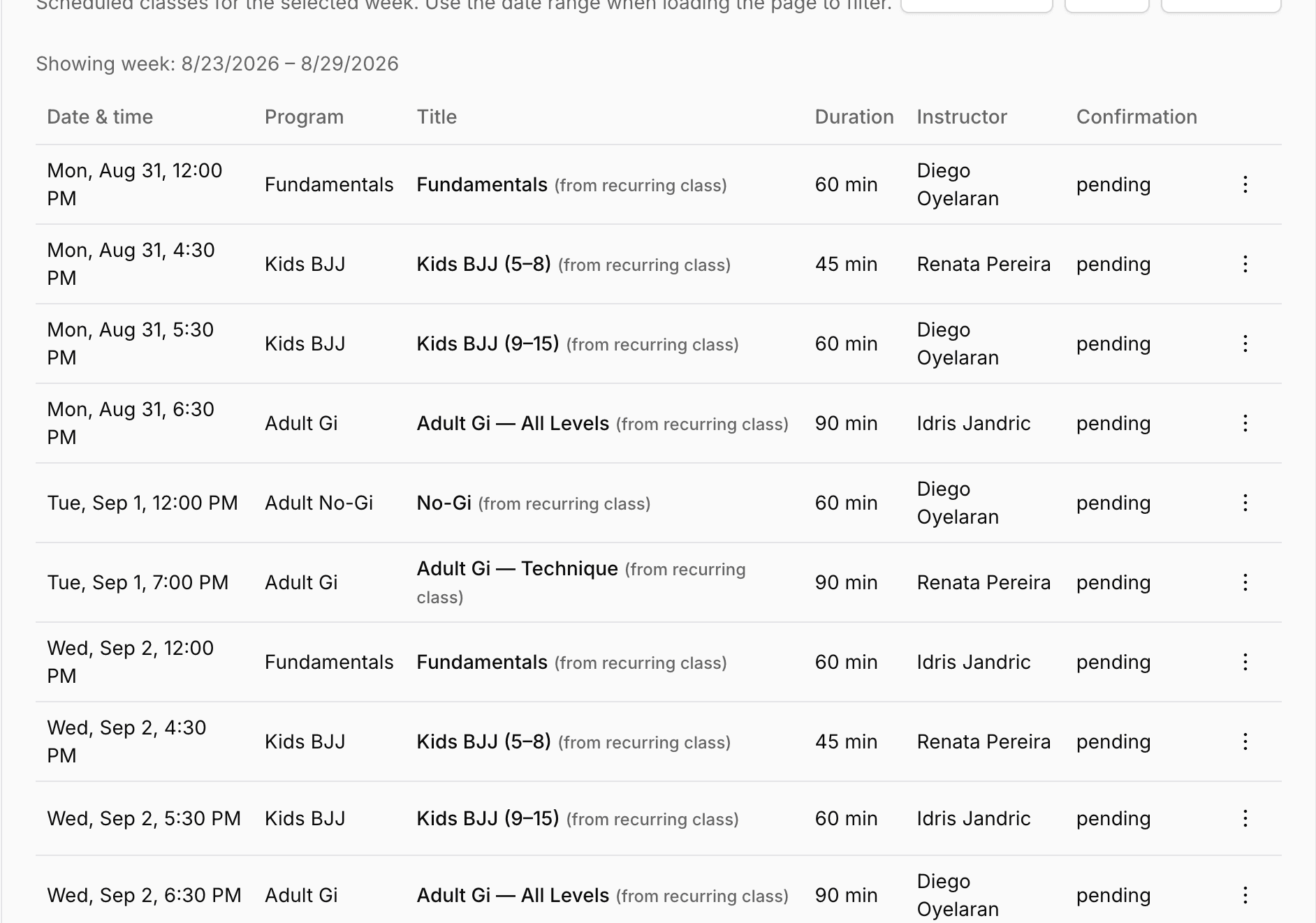 The Class instances table on the Schedule page, listing date and time, program, title, duration, instructor, and a confirmation column.
