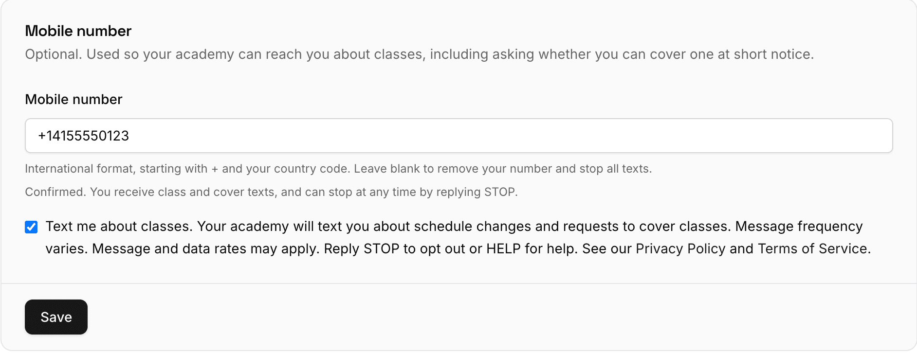 The Mobile number card in Account, Profile, showing a number, the status line reading Confirmed, and the consent checkbox.